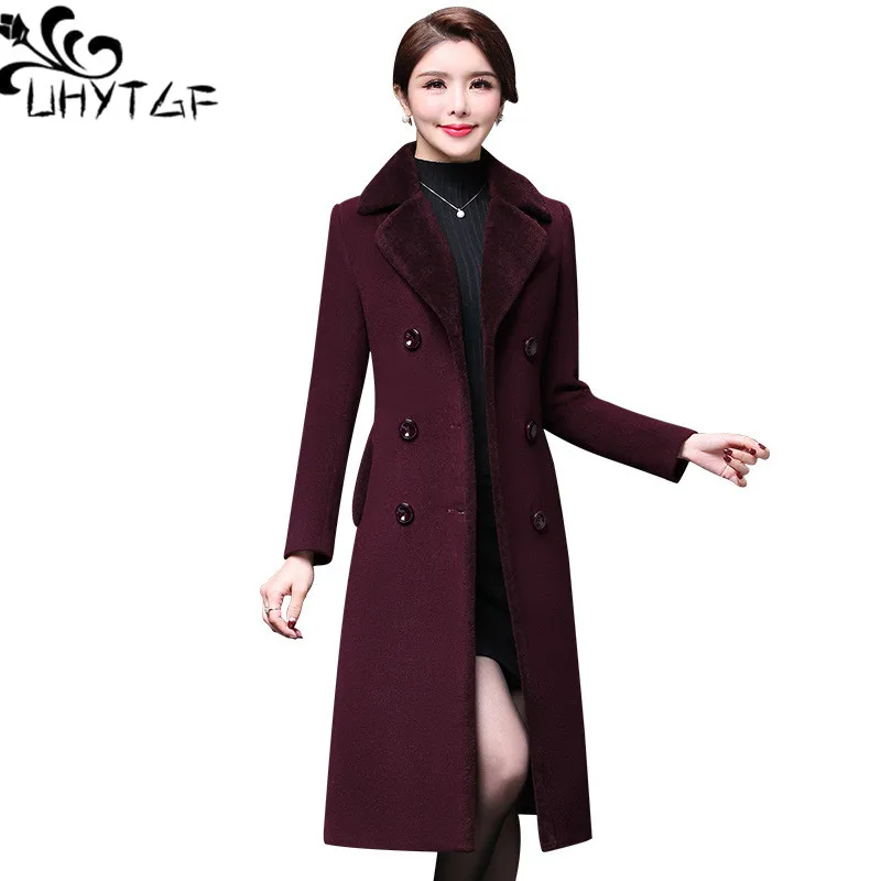 

UHYTGF Quality Blends Woolen Coat Women Fashion Double Breasted Autumn Winter Jacket Female Thicken Warm Windbreaker Ladies 1985