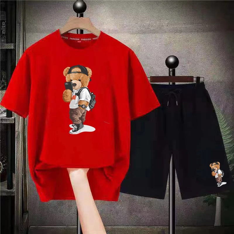 2023 Summer New Luxury Brand Men Shorts T Shirt Sets Cotton T-Shirt Bear Print 2 Piece Suits Women's Tracksuit Men Clothing