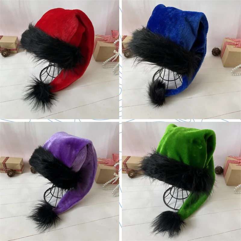 Плюшевая шапка Санта-Клауса для детей и взрослых черная кайма Рождественская