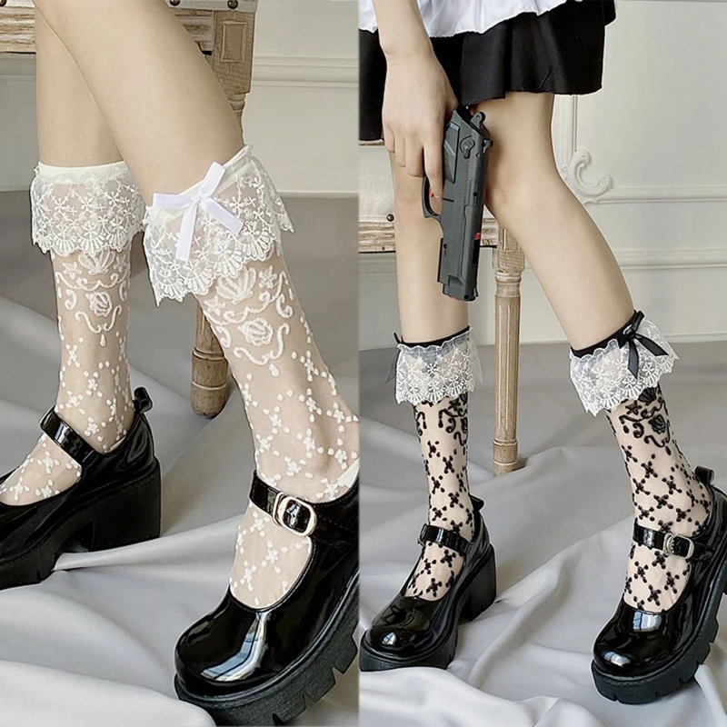 

Women Thin Glass Fiber Calf Socks Maid Ruffled Lace Bowknot Mesh Hosiery 37JB