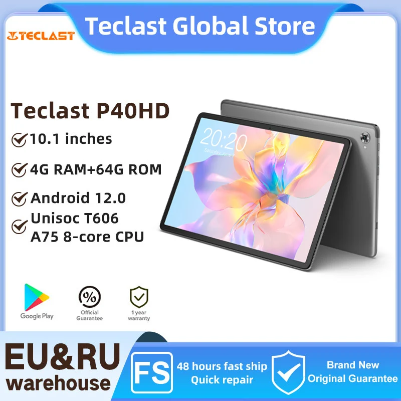 Teclast P40HD 10.1inch Tablet Android 12 1920×1200 FHD 4GB RAM 64GB ROM A75 8 Core CPU 6000mAh Type-C 5G WIFI GPS Metal body