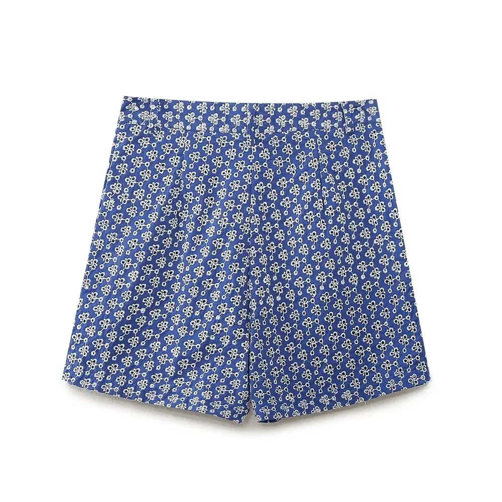 Withered Summer Casual Cotton Shorts Women Fashion Ladies Country Style Retro Embroidery Blue Bermuda