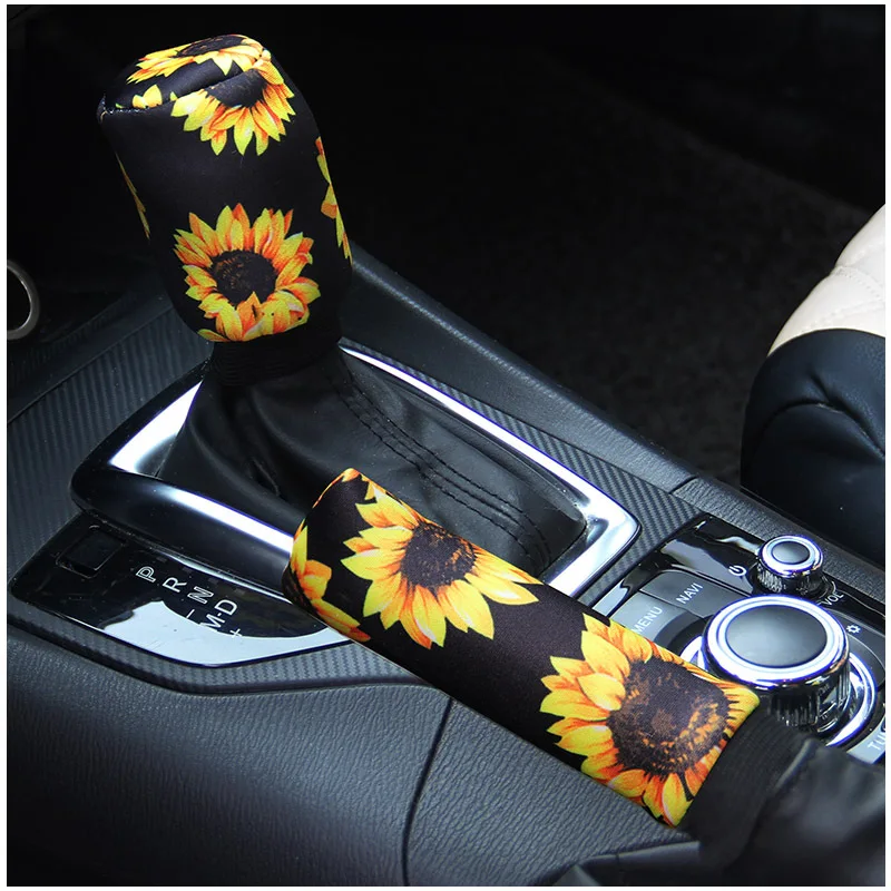 

1 set Car Gear Shift Collar Cover Sunflower Print Hand Brake Cover Auto Interior Decor Accessories