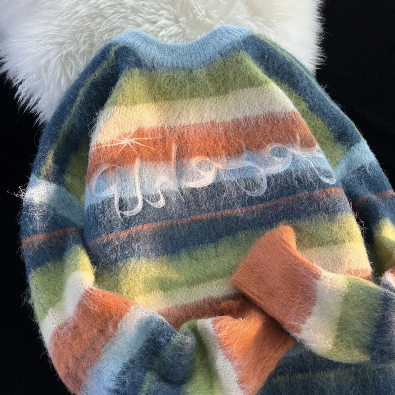 

New Rainbow Stripe Pullover Autumn Winter Soft Round Neck Sweater For Women Korean Aesthetic Knit Tops Female Fashion Clothing
