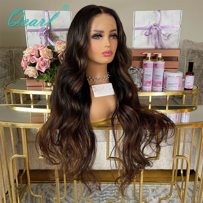Natural Lowlights Dark Brown 360 Lace Frontal Wig for Women Loose Wave Real Human Hair Full Lace Wigs Remy Glueless 180% Qearl