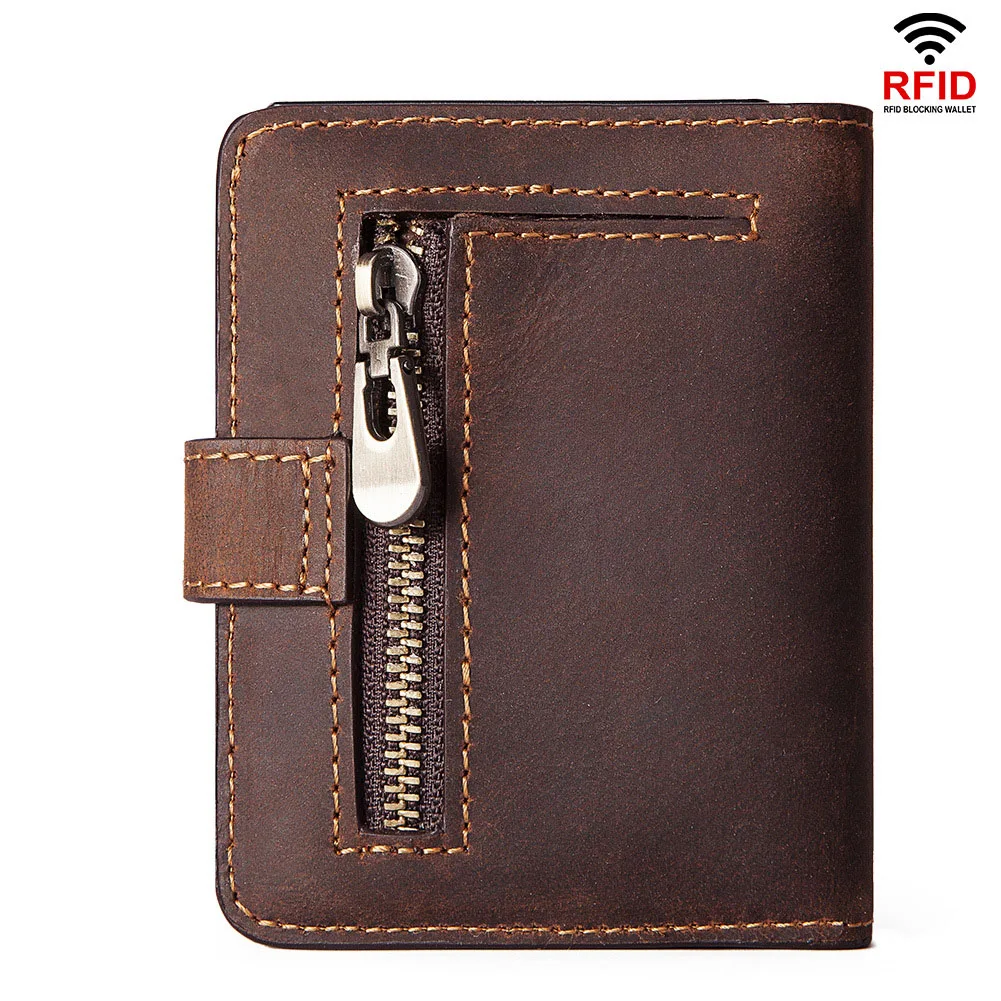 Men's Wallet Crazy Horse Leather Coin Purse RFID Anti-Magnetic Short Wallet Vintage Zipper Leather Card Holder for Men