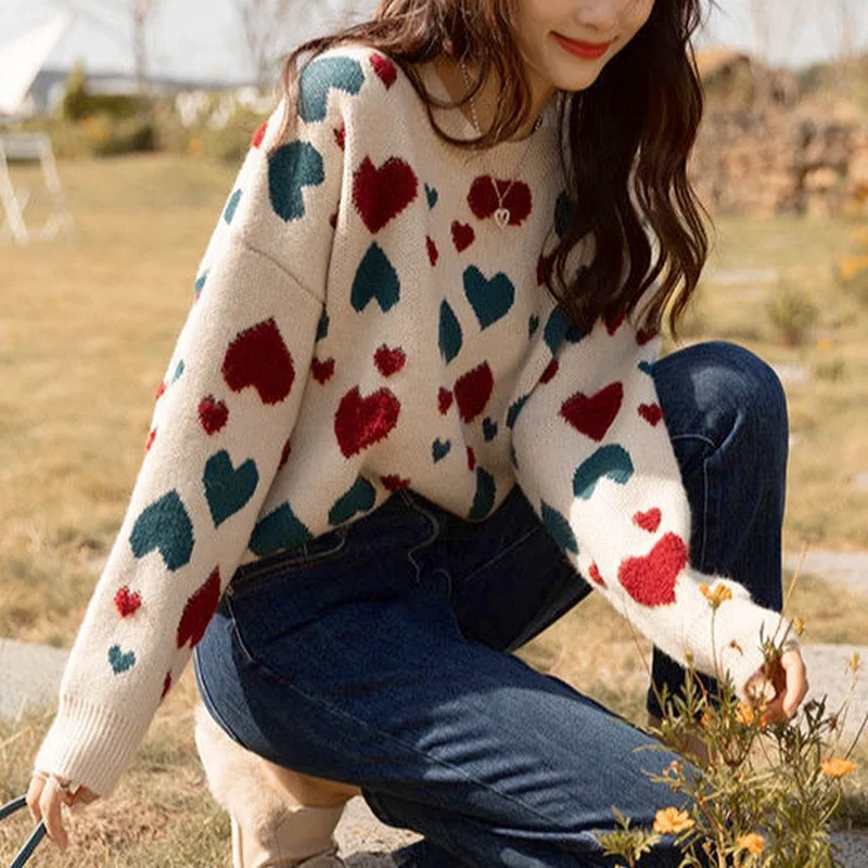 

Зимний милый вязаный свитер, Женский Повседневный свободный милый пуловер с принтом, женская одежда, корейская мода, теплая трикотажная оде...