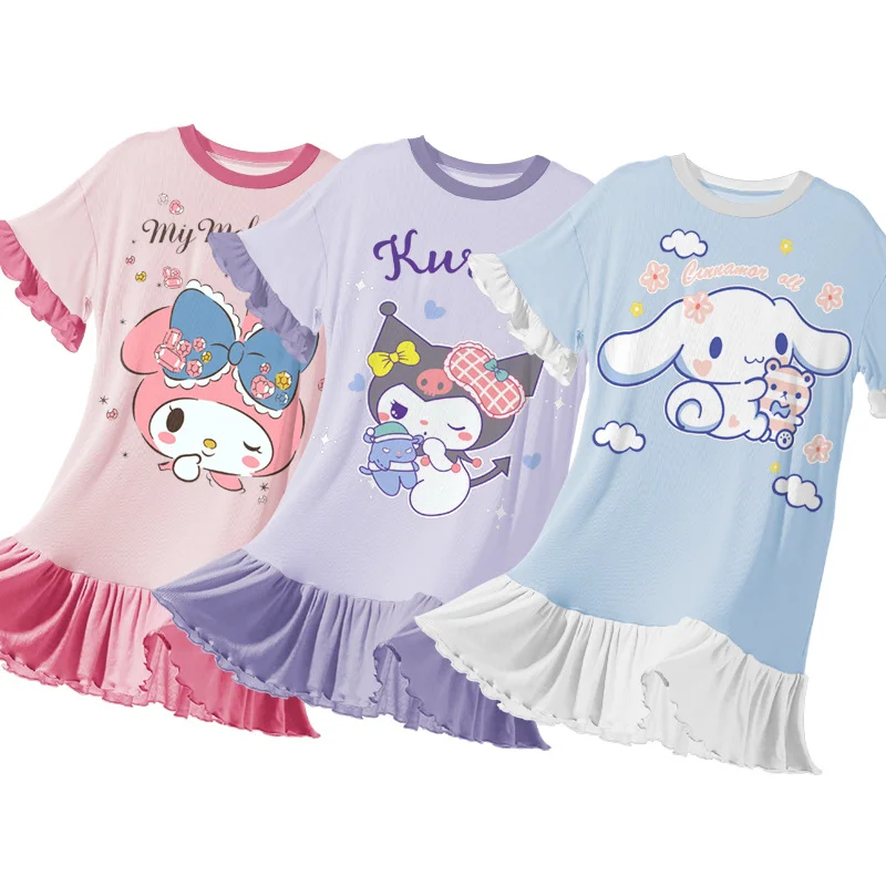 

Kawaii Sanrios Kuromi Pajamas Anime MyMelody Cinnamoroll Cartoon Nightdress Summer Cute Short Sleeve Dress Sleepwear Girls Gift