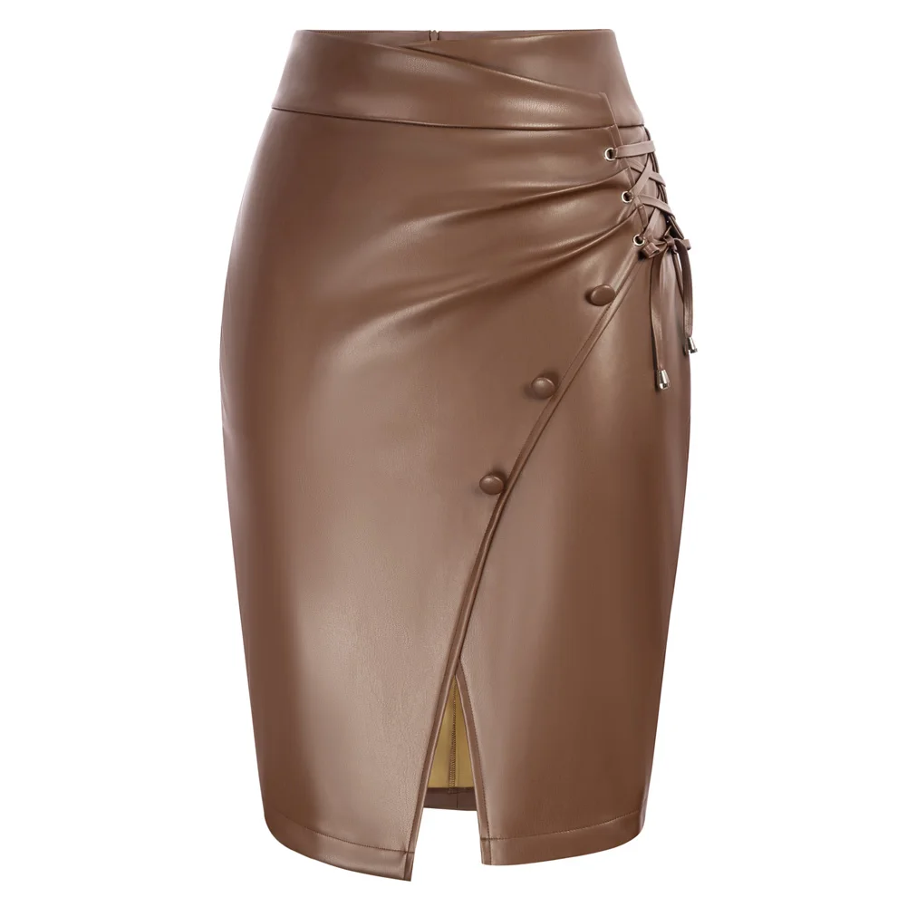 

Liumilac Women Wrap Front Skirt OL High Waist PU Leather Bodycon Skirt Vintage Office Ladies Workwear Slim Fit Clothes A30