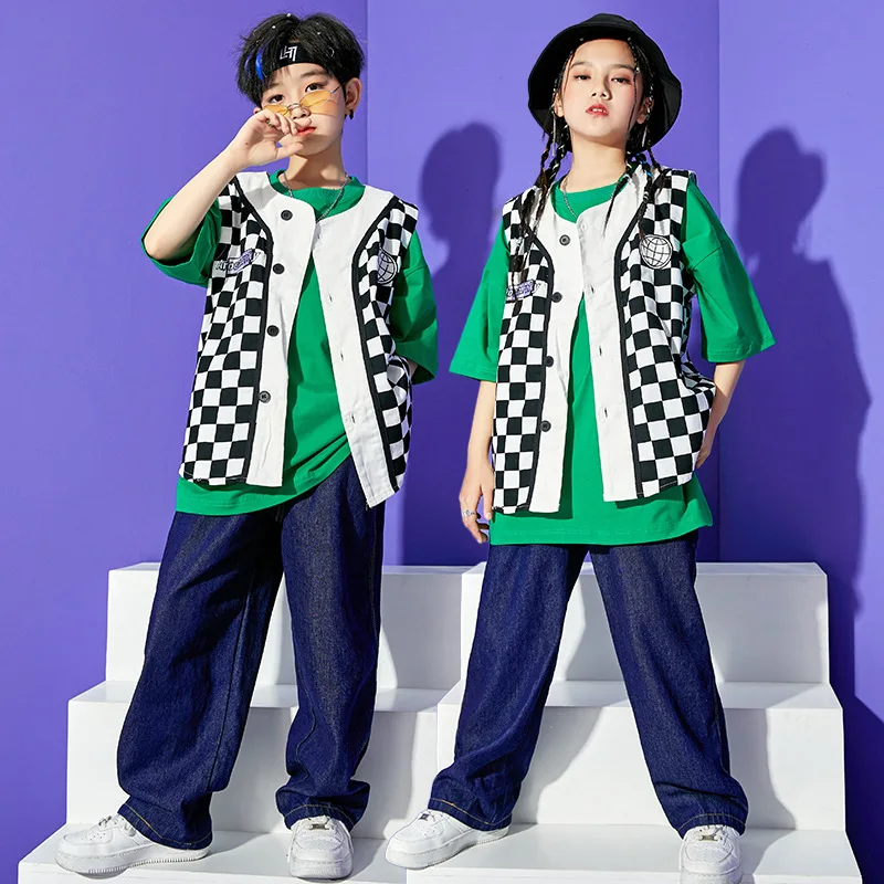 Комплект уличной одежды в стиле хип-хоп для мальчиков и девочек клетчатый жилет