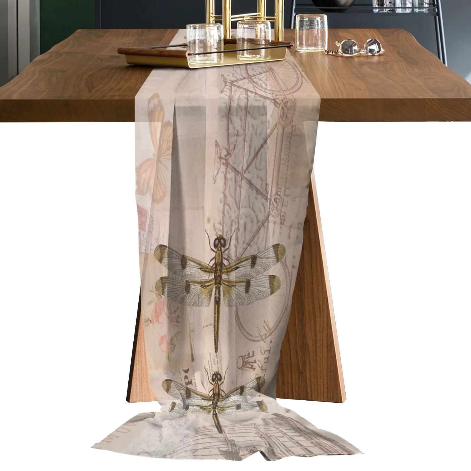 

Dragonfly Retro Art Sheer Chiffon Table Runners Rustic Gauze Dining Tablecloth Wedding Table Decor Gauze Table Runner