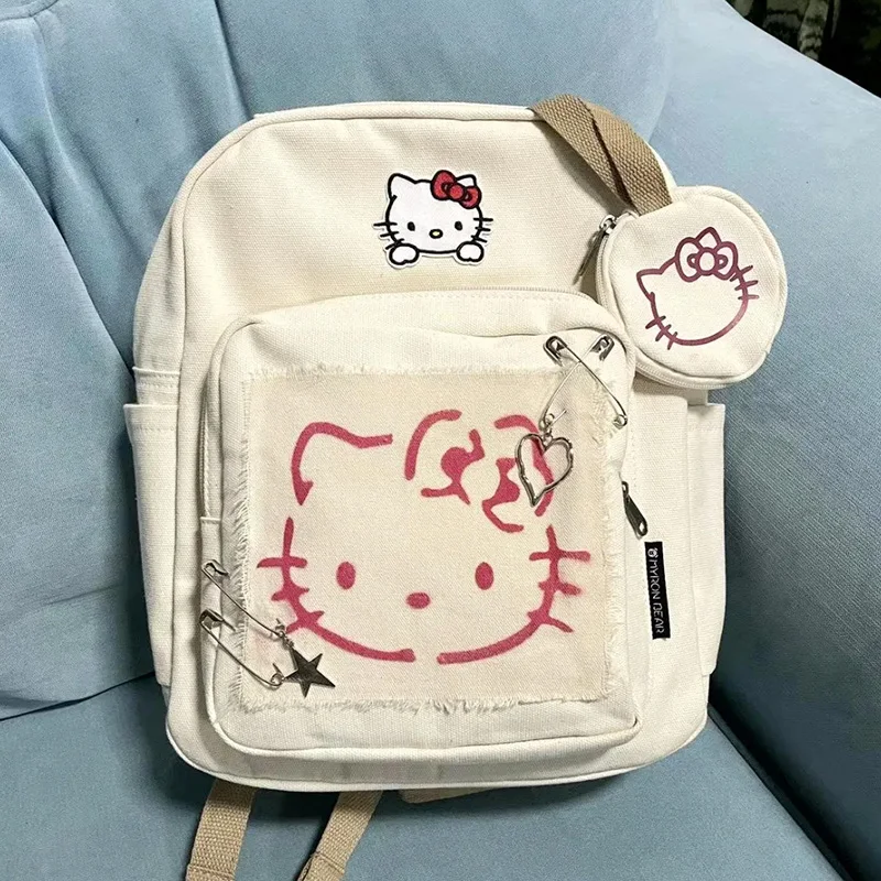

Hellokitty Backpack Retro Sweet Sister Super Kawaii Sanrio Cat Stickers Casual Preppy Style Large Capacity School Bag
