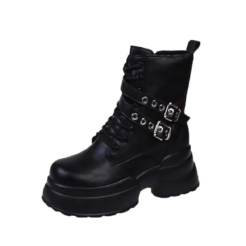 Women Leather Ankle Boots Winter Belt Buckle Platform Sneakers Comfortable Thick Sole Motorcycle Boots 9.5CM Woman Punk Boots