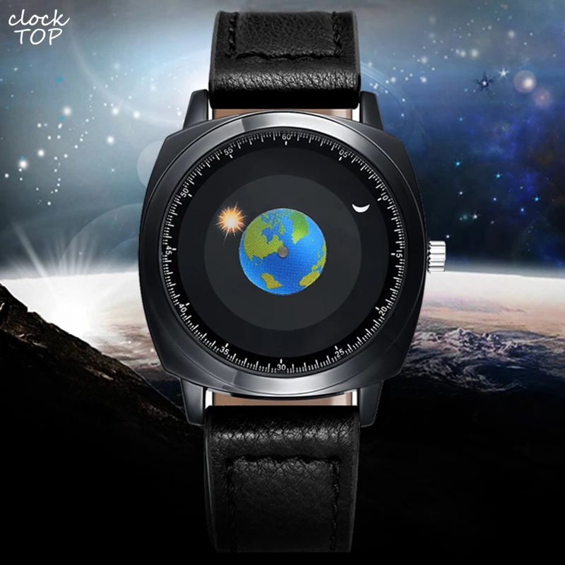 

Sun Moon Pointer Men Watch Quartz Wristwatch Male Concept Earth Planet Dial Reloj Waterproof Original Hour relogio masculino
