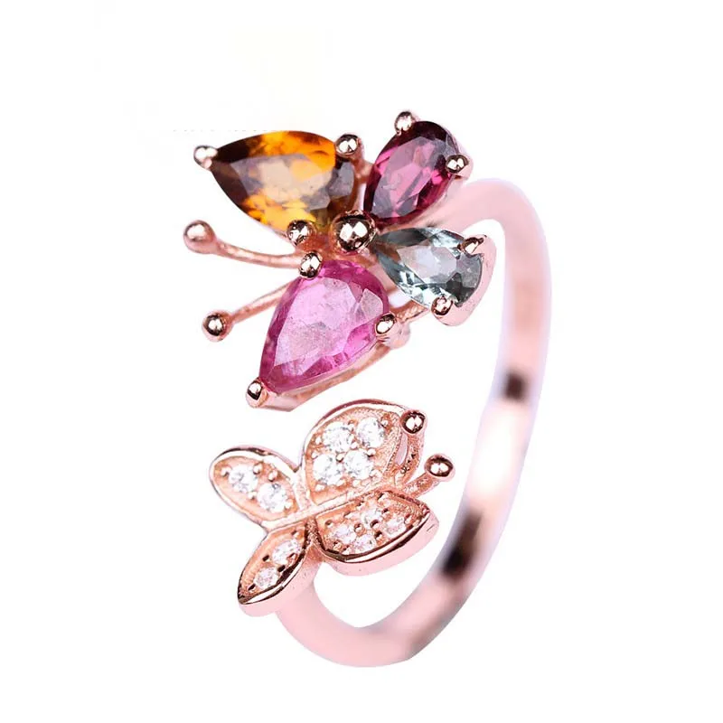 

Кольцо из натурального турмалина s925 Посеребренная розовая Золотая Бабочка с двойным летающим разноцветным открытым кристаллом