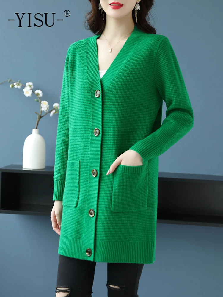 

Женский простой кардиган YISU 2022, однобортный Кардиган с V-образным вырезом, повседневный вязаный кардиган, однотонная женская одежда