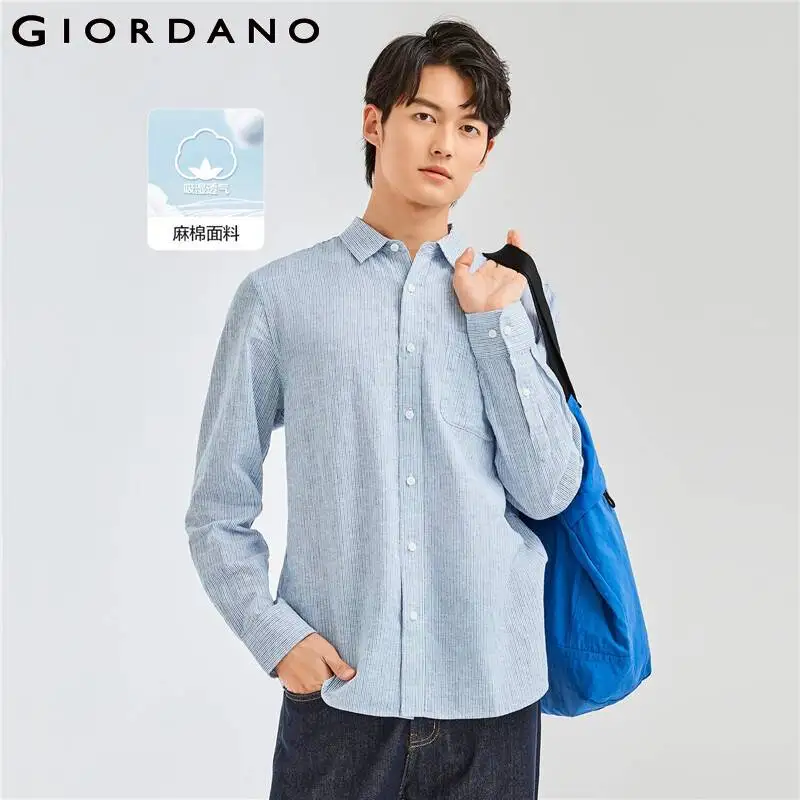 

Giordano Men Shirts Linen Cotton Single Patch Pocket Shirt Classic Collar Long Sleeves Relaxed Shirts 01042485