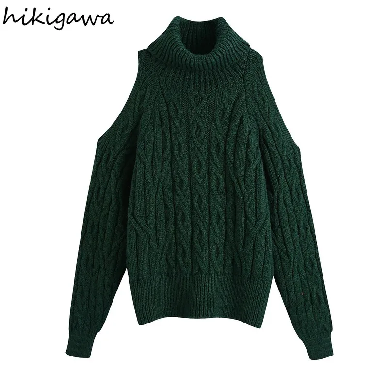 

Hikigawa Women Winter Sweaters Solid High Neck Long Sleeve Shoulder with Hole Loose Knitting Pullover Sweater Female Chic Tops