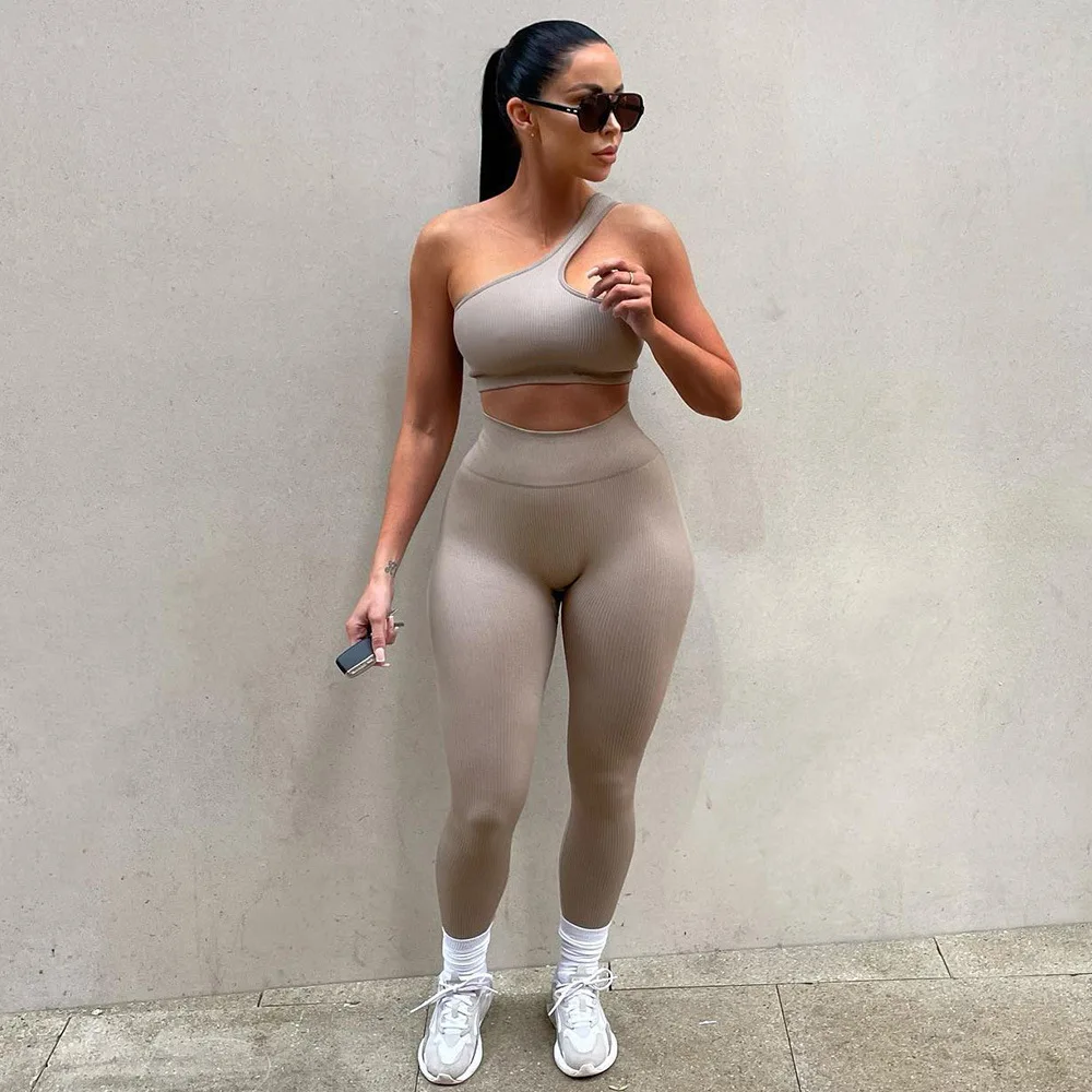 

Yoga Two Piece Sets Women Sports Suits Sleeveless Single Shoulder Crop Top High Waist Leggings Workout Sportswear Female Outfits