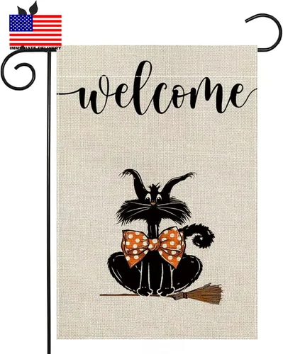 Флаг для сада на Хэллоуин с надписью Boo Welcome, 12x18 дюймов, двусторонний, из мешковины, с изображением черной кошки и тыквы EYY IIX SSL (art.: 3920dbce853c8) - 3920dbce853c8