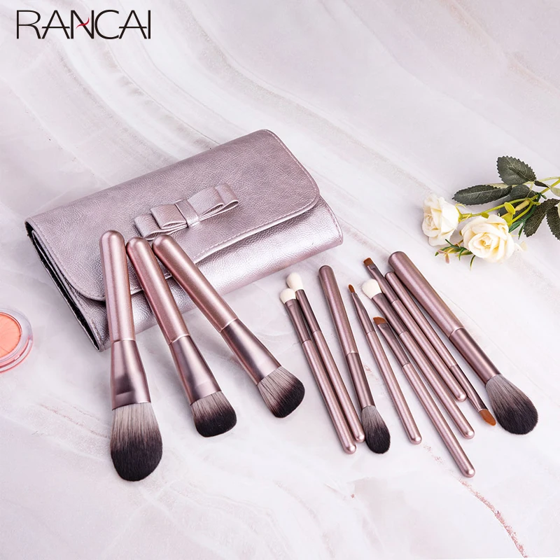 

RANCAI 12pcs Foundation Blending Face Powder Blush Eye Shadow Make Up Brush with Leather Bag Hight Quality Makeup Brushes Set