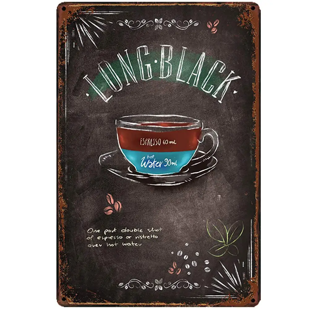 Оловянные металлические знаки в стиле ретро с длинным рецептом черного кофе