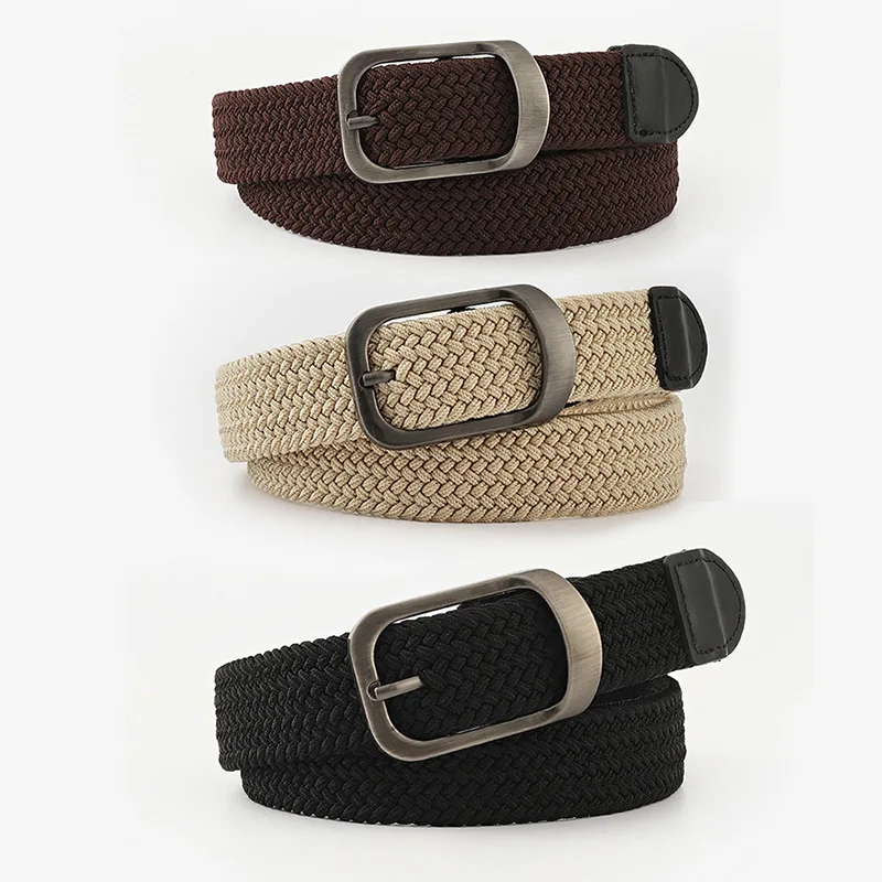 New Fashion Casual Canvas Belt Women Men Metal Pink Buckle PU Material Decorate Knitted Braided Waistband for Jeans