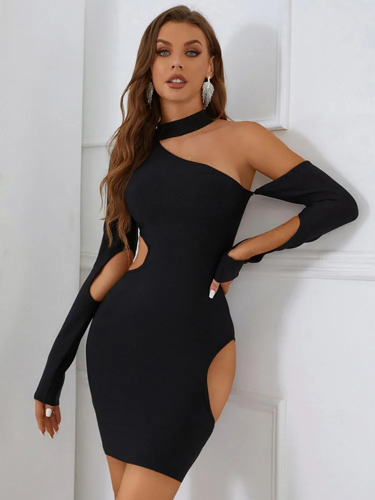 2022 Autumn Designer Fashion Women Sexy Black Cut Out Bodycon Mini Bandage Dress Nightbar Evening Club Party Nightwears