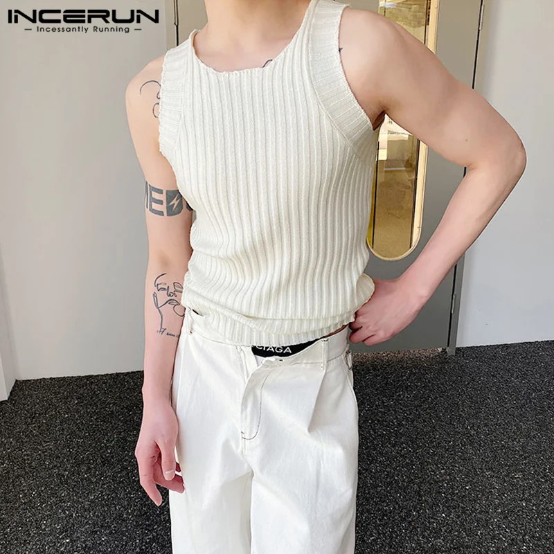 

Casual Simple Style Tops INCERUN New Mens Solid Thick Pit Stripe Waistcoat Streetwear Sports Hot Sale Male Tight Knit Tank Tops