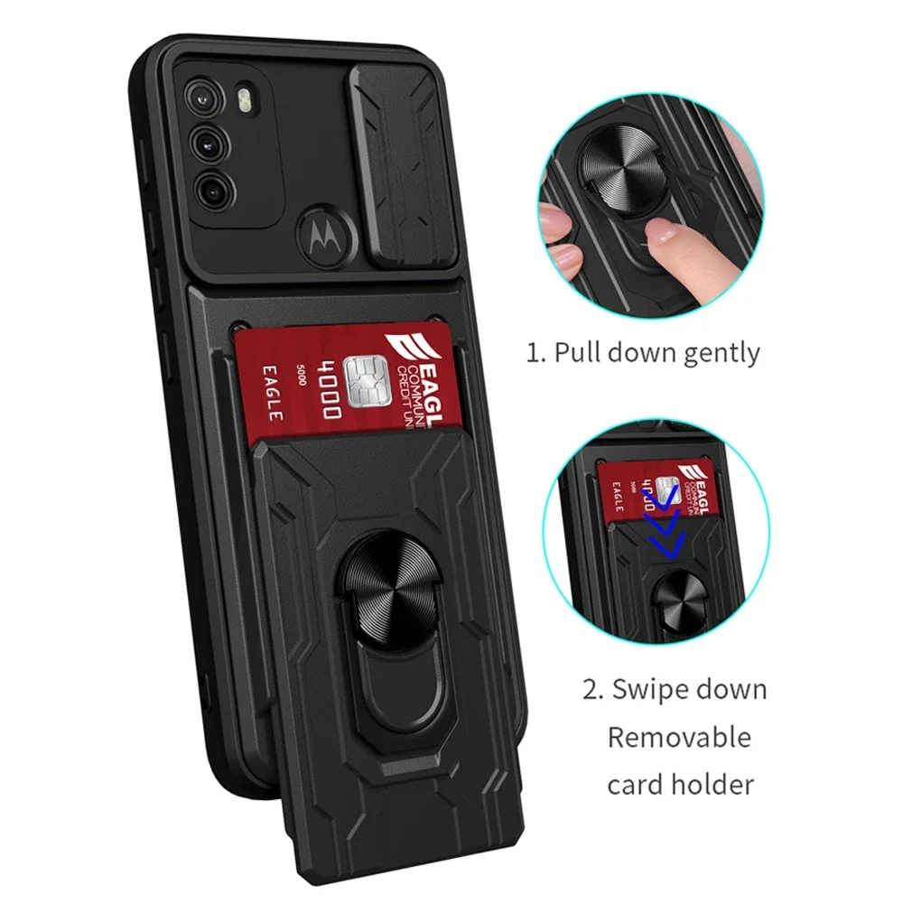 

Card Pocket Hybrid Armor Case for MOTOROLA MOTO G22 G32 G53 G73 G13 G52 G62 G72 G10 G20 G30 G60S Magnetic Car Holder Cover