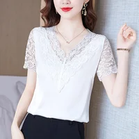 #1519 Black White Satin T Shirt Women Lace Short Sleeves V-neck Buttons Sexy Office Lady Silk Women's T-shirt Elegant Summer 