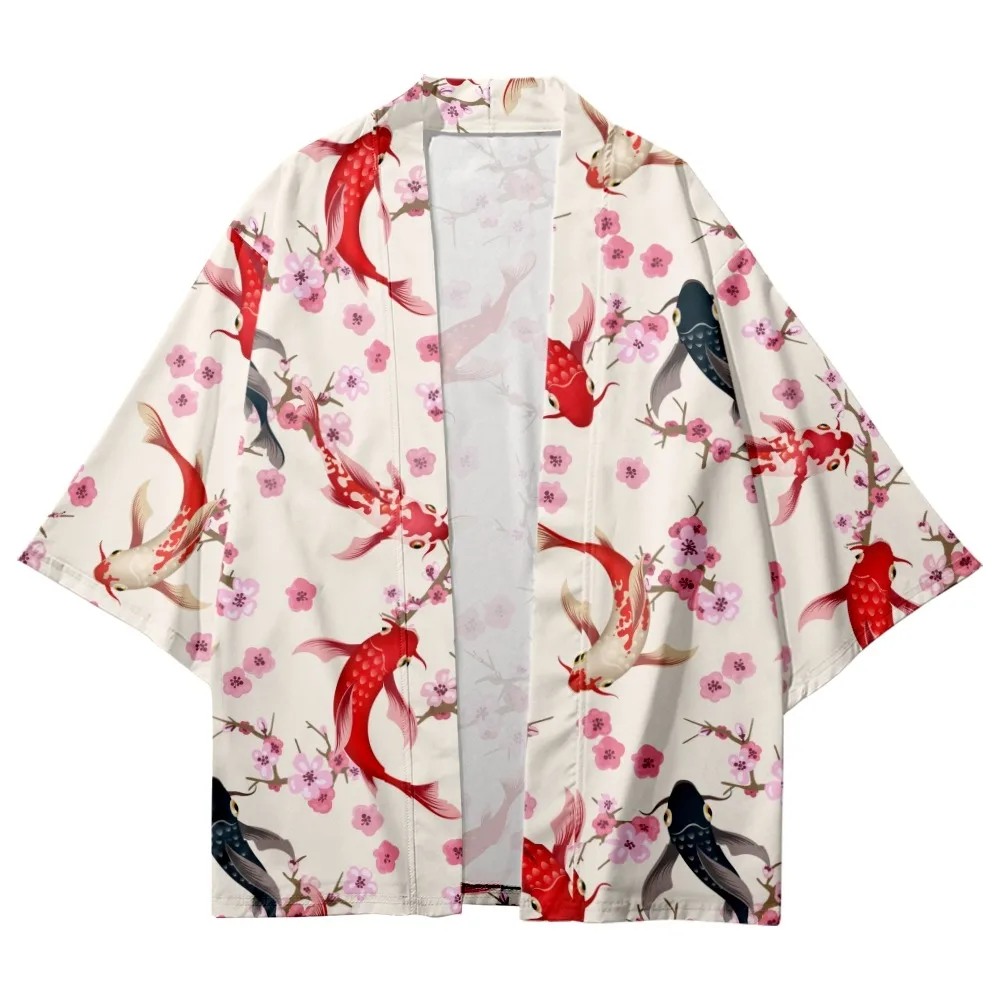 Топы с принтом кои Harajuku Haori Yukata Chinoiserie модное японское кимоно уличная одежда