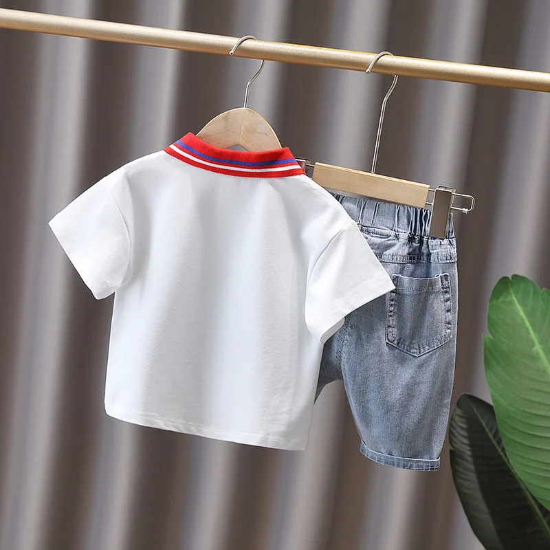 Модный Детский костюм летний комплект одежды для мальчиков футболка с лацканами