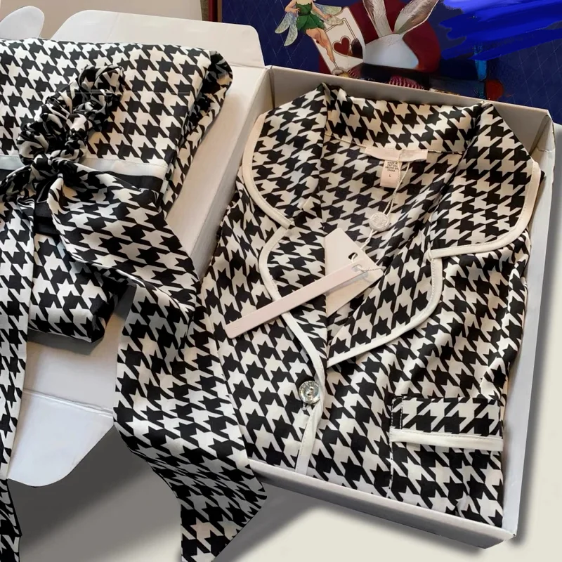 Silk Houndstooth Women's Pajamas Satin Sleepwear Autumn Pijamas Elegant Pyjamas Luxury Loungewear Long Sleeve Female Set