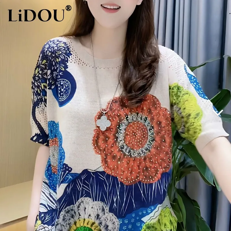 

2023 Spring Summer O Neck Short Sleeve Office Lady Korean Style Knitting Pullovers Popularity Loose Diamonds T-shirts for Women