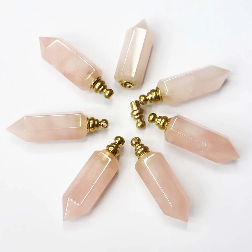 

New Natural Stone Rose Quartz Polygon Perfume Aromatherapy Oil Small Bottle Pendant Necklace Essential Fashion Charm Jewelry 1PC