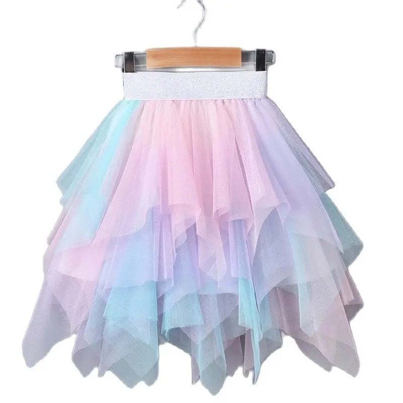 

3-12Yrs Gauze Girls Skirts Rainbow Irregular Skirt Children's Clothes Bottomst Girl Tutu Princess Dance Skirt Mother Child Skirt