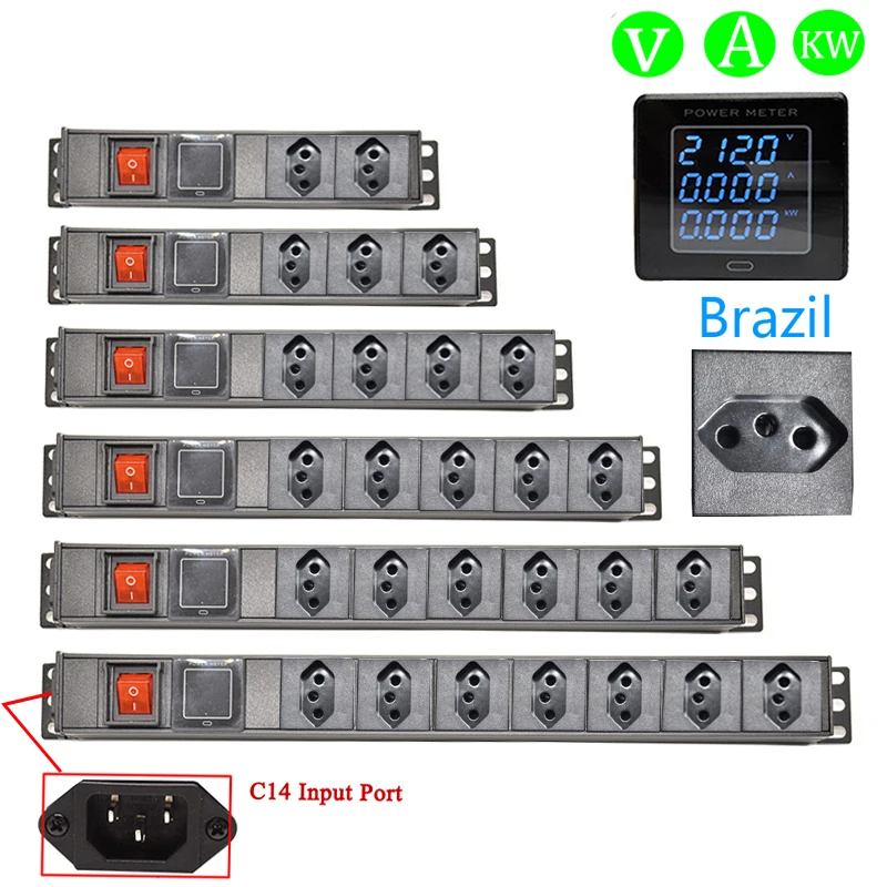 

Brazil Power Strip Distribution Unit 2-8Ways Brazilian Socket with Ampere/Volt/Watt Digital Display Meter C14 interface