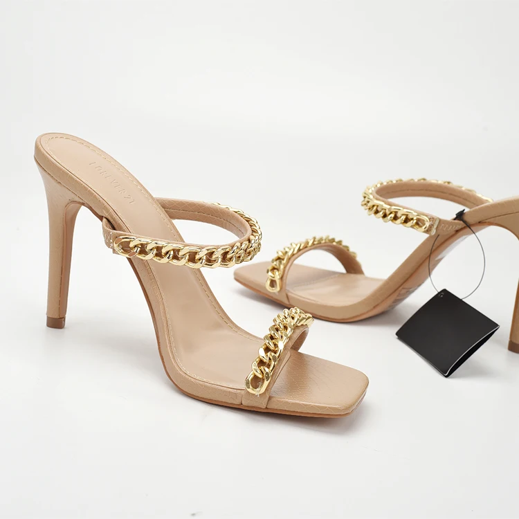 2023 Summer High heel with 2023 large size square head metal chain thin heel sandals and slippers
