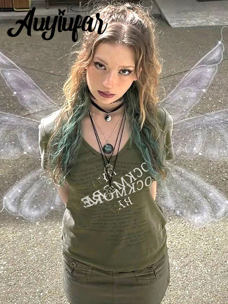 

Auyiufar Fairy Grunge Aesthetic Print Women T-shirts Elfcore Vintage Army Green Summer Tops V-neck Short Sleeve Streetwear Tees