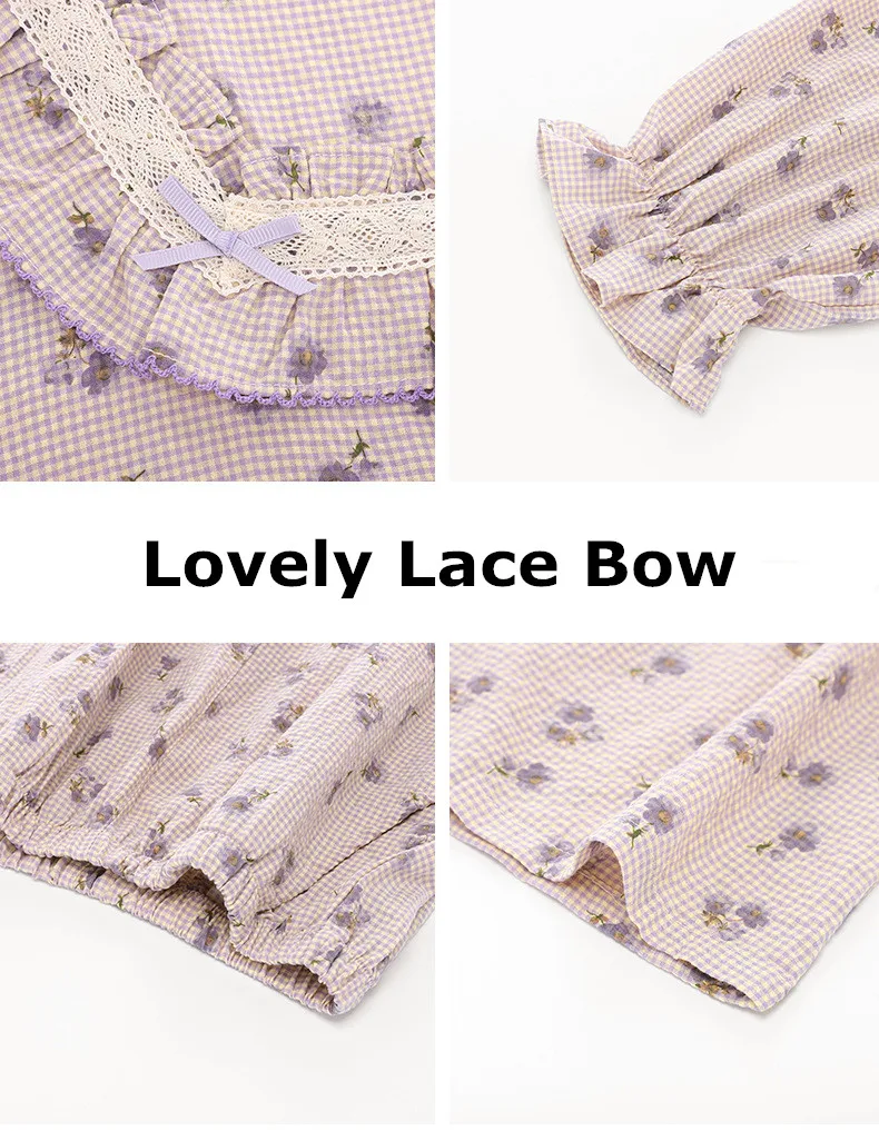 Yasuk Spring Autuum Fashion Women's Casual  Lace Square Collar Sleepwear Homewear Lovely Sweet Pajamas With Pants Soft Flower