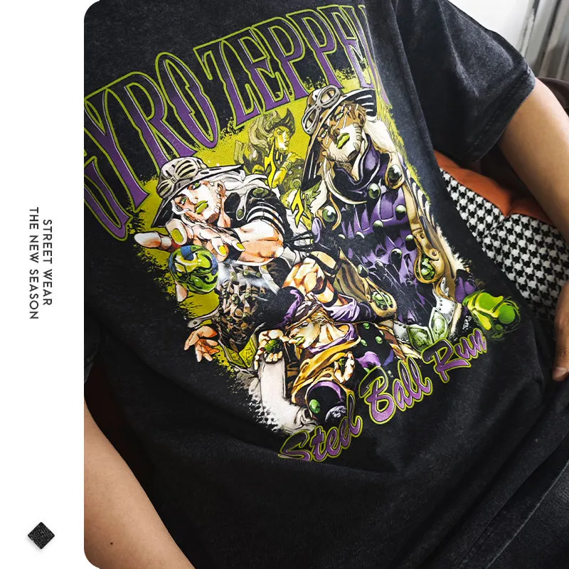 Футболка JOJO Steel Ball Run Vintage Washed Zeppeli Gyro Футболки Oversize Manga DIO Jotaro Jolyne Jean Pierre Топы