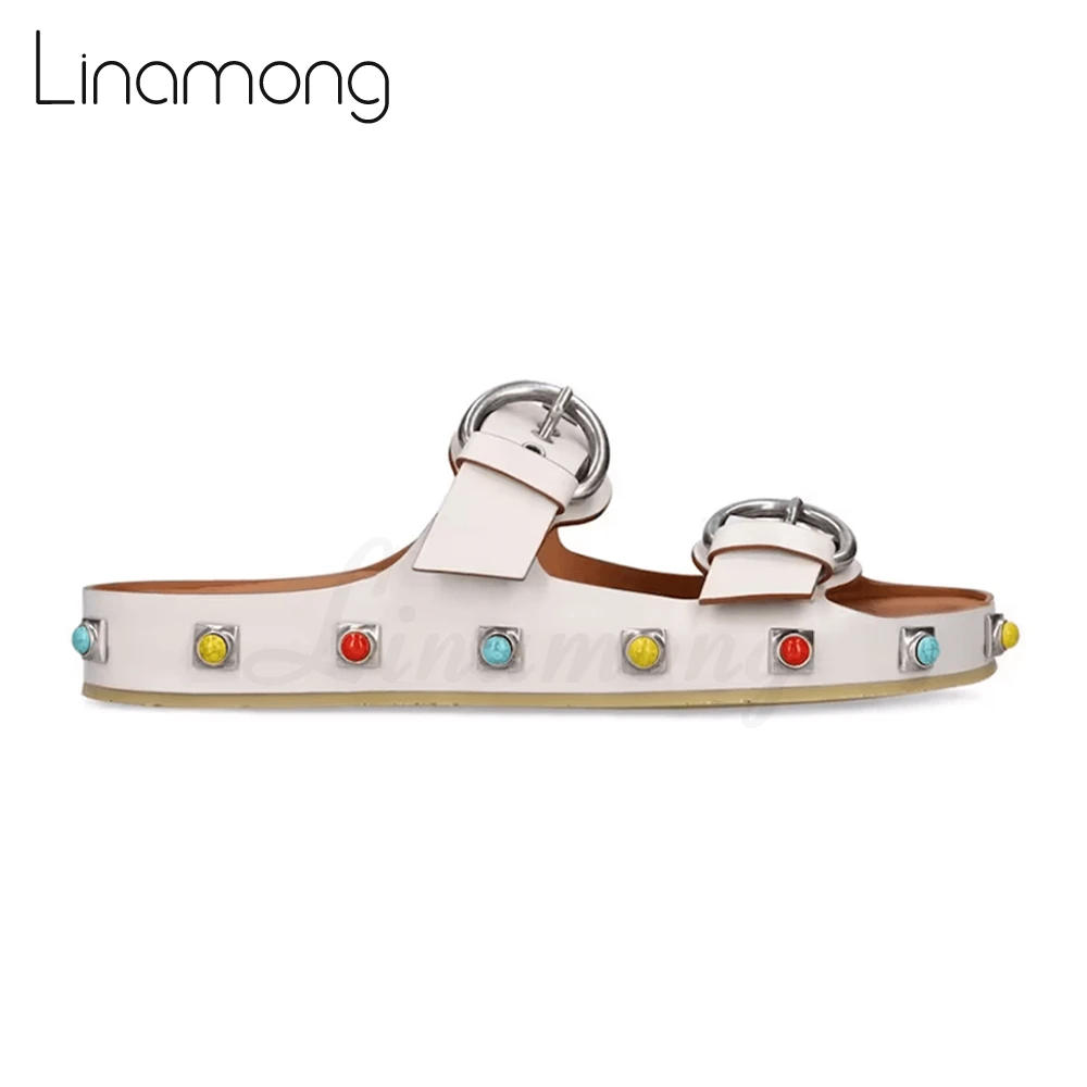 Colourful Stone Embellished Slippers Metal Gemstone Leather Strappy Sandals Adjustable Belt Buckle Rubber Sole Summer Shoes New