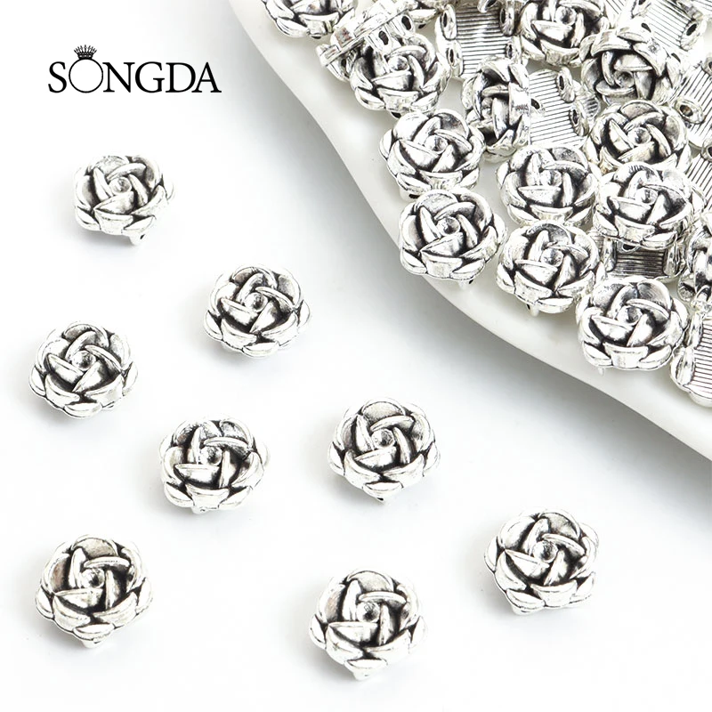 

15pcs 3D Roses Camellia Spacer Alloy Beads Antique Silver Color Flowers Metal Beads for Making DIY Handmade Bracelet Accessories