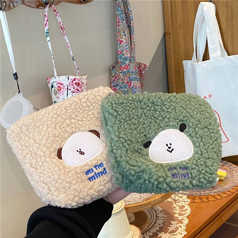 

Cartoon Women Sanitary Napkin Bag Flannel Embroidery Storage Bag Bear Coin Purse Key Pouch Student Plush Card Holder Case Pocket