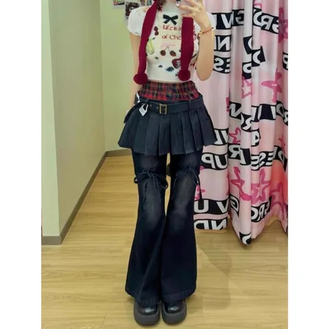 Neploe винтажная уличная одежда Harajuku персонализированные джоггеры для женщин American High Street поддельные брюки из двух предметов прямые брюки Moda