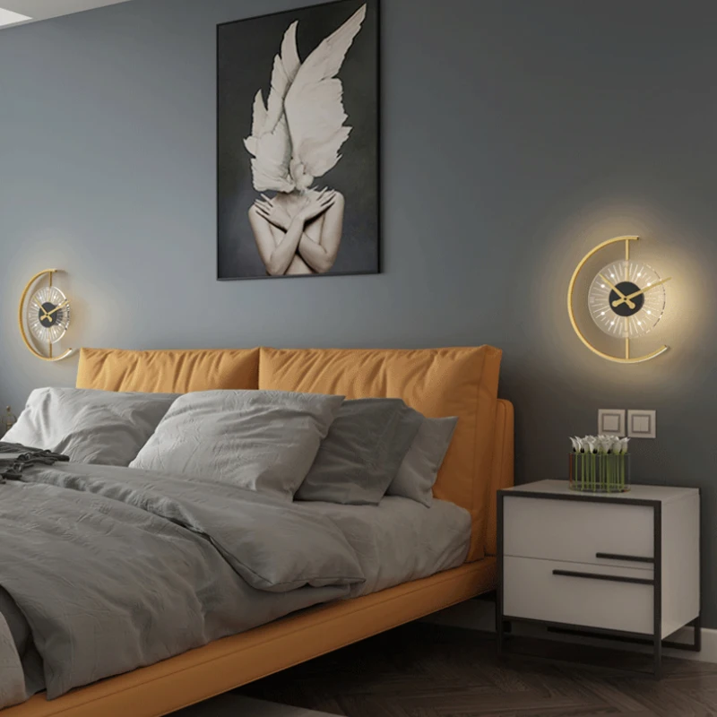 

New Decorative Clock Wall Lamp Living Room Background Wall Bedroom Bedside Modern and Simple Mesh Red Decorative Lighting