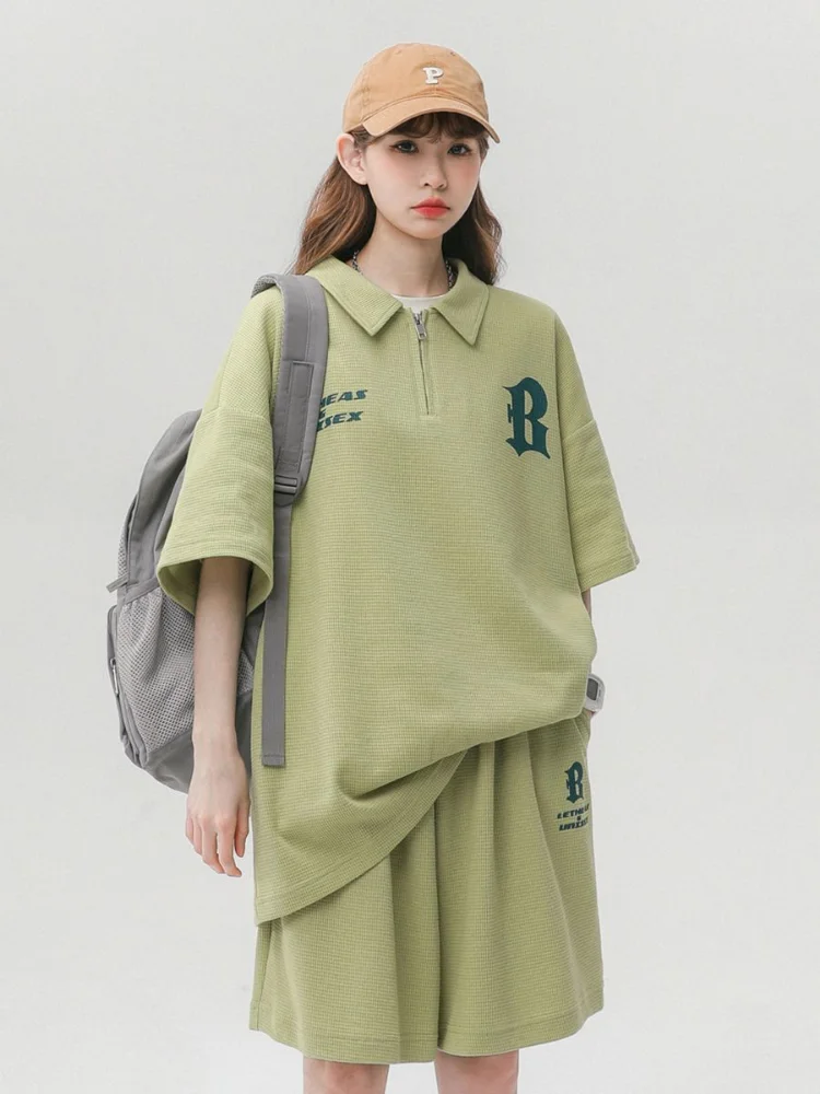 

Summer Letter Sportswear Suit Women Casual Clothes Loose Short Sleeve Tees Pants Outfit Female Turn Down Collar Tops Shorts Sets