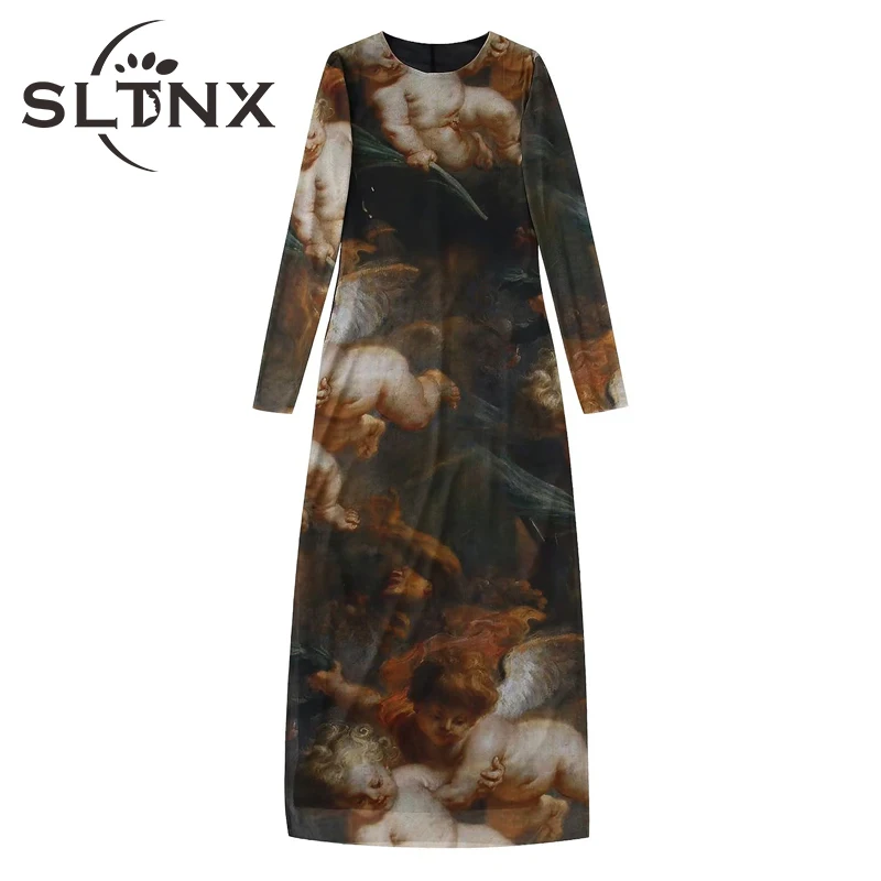 

SLTNX Dresses for Women 2022 Summer 3D Print Long Sleeve Dress Female Elegant Chic Casual Grenadine Party Long Dresses