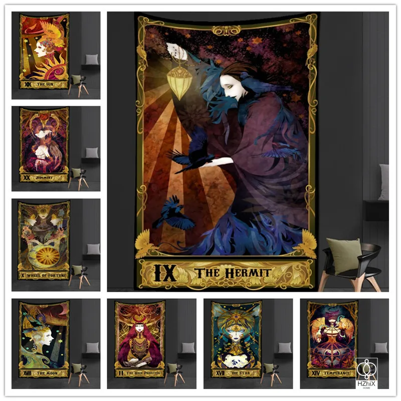 

Tarot Card Tapestry Western Witch Pattern Blanket Moon Sun Flower Psychedelic Decor Vintage Divination Wall Hanging Tapestries
